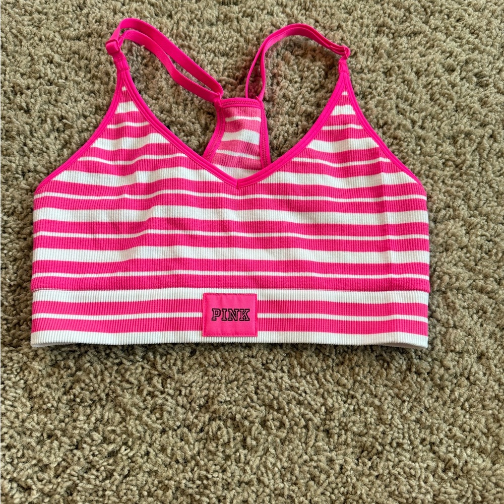 PINK Victoria's Secret Pink and White Striped Sports Bra